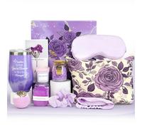 Lavender Spa Gift Set for Women,13 Piece Relaxation Box with Bath Salts in Glass Jar,Gemstone Soap,Straw Cup & Silk Eye Mask for Wife, Mum, Sister, Friend Birthday Mother's Day Gift
