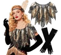 LaVenty 1920s Shawl Wraps Long Silk Gloves Sequin Beaded Evening Cape,Gloves For Gatsby 1920s Party (black gold)