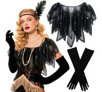 LaVenty 1920s Shawl Wraps Long Silk Gloves Sequin Beaded Evening Cape,Gloves For Gatsby 1920s Party (black)