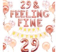 LaVenty 29th Birthday Decorations: 29 Balloon, '29 & Feeling Fine' Banner, 5 Pink Pearl, 5 Rose Gold, 5 Confetti Balloons