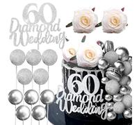 LaVenty 60th Diamond Wedding Anniversary Cake Decoration Silver Balls Rose 60th Diamond Wedding Anniversary Cheers To 60s Decoration