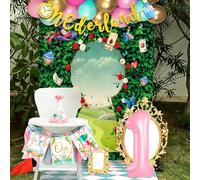 LaVenty Alice in Onederland 1st Birthday Backdrop & Decoration Pack - Alice Theme, Pink, Blue, Rose, Gold Balloons, High Chair Banner