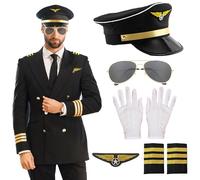 LaVenty Black Airplane Captain Costume Airline Pilot Hat Accessories for Adults Teens Captain Party Cosplay Supplies Sunglasses