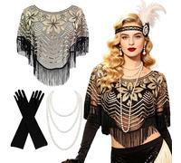 LaVenty Black Gold Women's 1920s Sequin Shawl Wraps Silk Gloves Pearl Necklace Fringe Capelet Shawls Gatsby Accessories for Harlem Night