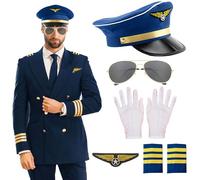 LaVenty Blue Airplane Captain Costume Airline Pilot Hat Accessories for Adults Teens Captain Party Cosplay Supplies Sunglasses