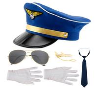 LaVenty Blue Airplane Captain Costume Airline Pilot Hat Accessories for Adults Teens Captain Party Cosplay Supplies Sunglasses