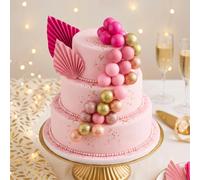 LaVenty Boho Cake Decorations Pink Balls Palm Leaves Cake Toppers | Neutral Party Cake Decor for Baby Shower Wedding Birthday and Bachelorette Party