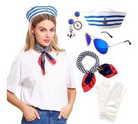 LaVenty Captains Hat For A Boat Sailor Scarf Sailor Costume Women Sailor Hat Sailor Outfit Nautical Costume For Women, White Blue