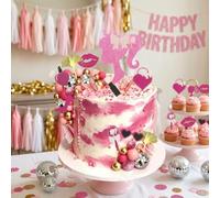 LaVenty Disco Hot Pink Cake Decorations Girls Birthday Cake Toppers Set | with Pink Balls Palm Leaves High Heels Lipstick & Handbags for Birthday Party Bridal Shower and Baby Shower