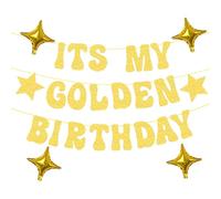 LaVenty Golden Birthday Party Decorations It’s My Golden Birthday Banner Stars Balloons for Adult Women Men Party Supplies