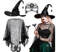 LaVenty Halloween Witch Dress Up Cobweb Cape Witch Magic Hat Bat Wand Set for Halloween witch Party