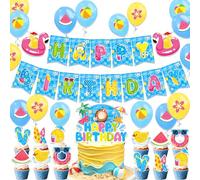 LaVenty Pool Party Summer Birthday Party Decorations Banner Beach Pool Decor Tropical Hawaiian Balloons Cake Cupcake Topper Decor