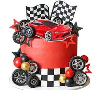 LaVenty Race Car Cake Decorations Car Cake Topper Checkered Flag Cake Topper Growing Up Two Fast Birthday DecorFast One Fast Three Need Four Speed Birthday Decorations