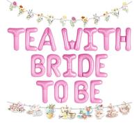 LaVenty Tea With Bride To Be Balloons Tea Party Decorations Balloon Garland Arch Banner Floral Butterfly Teapot Banner for Bridal Shower Bachelorette Wedding Party
