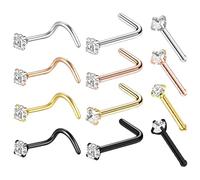 laveroar 12PCS Nose Studs Set - nose studs sterling silver with CZ Crystals, Straight, L Shape & S Shape - Silver Gold Rosegold Black - Unisex Nose Piercing Jewellery with Cleaning Cloth