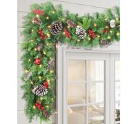 LAVEVE Pre-lit Christmas Garland 9 FT, Battery Operated 100 Lights Garland with Cedar Cones and Red Berries, Outdoor Indoor Christmas Decorations for Mantle, Stairs, Front Porch
