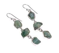 Lavie Jewelz 925 Sterling Silver Three Stone Dangle Earrings - Minimalist Handmade Jewelry for Women - Elegant Boho Gift with Natural Gemstones (Emerald)