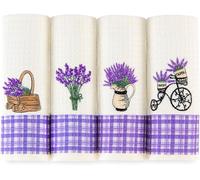 Lavien Home, Dish Towels for Kitchen Lavender Embroidery Super Absorbent and Soft Turkish Cotton Waffle Weave (Set of 4), Boho Farmhouse Decor with Plaid 16 x 23 inches