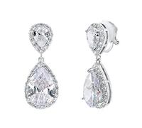 LAVINA Fancy Teardrop CZ Clip On Dangle Earring Classic And Elegant Hypoallergenic Earrings For Women Brides Wedding Birthday Gifts Christmas Jewelry, Rhodium Plated, Cubic Zirconia
