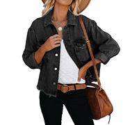 LAVIQK Women's Jean Denim Jacket Classic Trucker Shacket Button Up Frayed Cropped Loose Coats, #0923-black, L