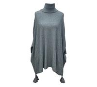 LavishFashionTown Italian Ladies Crewneck Batwing Hi Neck Sweater Tassels Poncho Winter Wrap Lagenlook Knitted Quirky Cape Cardigan Jumper for Women Light Grey
