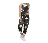 LavishFashionTown® Ladies Italian Pabo Denim Floral Star Print Plain Cotton Loose Baggy Dungarees Sleeveless Romper Relaxed Fit Jumpsuit Overall Playsuit with Pockets