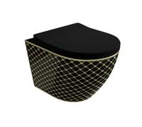 LAVITA Sofi Slim Black Night Wall-Hung Rimless Toilet Bowl WC Pan with Soft-Close Seat and Metal Hinges 365 x 490 x 395 mm Black Gold