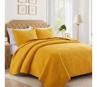 Lavsiry Mustard Yellow Quilt King Size with Striped Pattern, Lightweight Soft Summer Thin Microfiber Bedspread & Coverlet Bedding Set for All Seasons - 3 Piece(1 Quilt, 2 Pillow Shams)