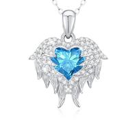 LAVUMO Angel Wing Necklaces For Women,925 Sterling Silver Necklace Heart Birthstone Pendent Jewellery Gifts For Women Mom Wife Girlfriend Christmas Birthday Anniversary Valentines Mother's Day