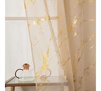 Lavyhuno Beige Sheer Curtains Gold Marble Foil Print 84 Inches Length, Rod Pocket Metallic Sparkle Glitter Window Panels for Bedroom Art Abstract Decorations, 52 x 84 Inch, Set of 2 Panels