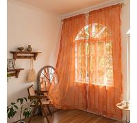 Lavyhuno Burnt Orange Lace Sheer Curtains for Kitchen Nursery Room 63 Inches Long with Scallop Ruffle Edges, Boho Vintage Florals Embroiderd Rod Pocket Window Treatments Set of 2 Panels, W57 x L63