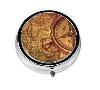 Law of The Compass Navigation Print Round Pill Organizer 3 Compartment Pill Box Portable Medicine Pill Case for Outdoor Travel