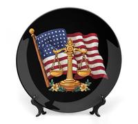 Law Scale of Justices U.S Flag Decorative Plate Ceramic China Plates with Display Stand for Home Wall Decor 6inch