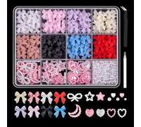 LAWALEISHE 500pcs 3D Nail Charms, Assorted Color Multi Shapes Mix Bow Nail Charms, Heart Star Moon Gems Charms Bowknot Rhinestones Nail Art Charms with Pickup Tool for Women Girls Nail DIY Accessories