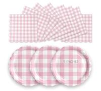 LAWALEISHE 50Pcs Pink Gingham Paper Plates and Napkins, 9" Disposable Gridded Plates for Parties, Strong Picnic Plate, Party Tableware Set for Birthday Baby Bridal Shower Wedding Table Decorations
