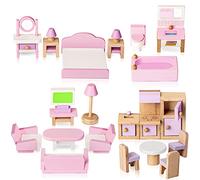 Lawcephun Wooden Dollhouse Furniture Set, 5 Room Kit 22 Piece Miniature Wood Accessories, Including Kitchen, Dining Room, Living Bedroom, Bathroom Playhouse Family Figures Play Toy, Pink (WT06)