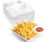 Lawei 10Pcs Chips and Dip Plates, Plastic Serving Platter Set Dumpling Plate with Dipping Saucer, White Divided Snack Serving Dishes for Appetizer, Sushi, Taco Salsa, Charcuterie, Reusable