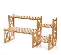 Lawei 2 Tier Bamboo Tabletop Plant Stand, Adjustable Flower Pot Holder Shelf Planter Display Stand, Small Desktop Ladder Plant Rack for Indoor Outdoor Home Patio Lawn Garden Balcony Organizer