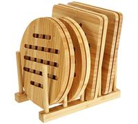 Lawei 9 Pack Bamboo Trivets with Dish Rack - Bamboo Heat Resistant Hot Pads Kitchen Pot Holders Trivet for Hot Dishes, Pot, Bowl, Teapot