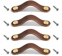 Lawen Creative 4 Set Leather Furniture Handles Leather Knob Cabinet Handle Knobs Leather Handle for Kitchen Cabinets Cupboards (Brown, Double Hole)