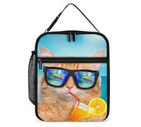 Lawenp Insulated Lunch Box Cats Wearing Sunglasses Reusable Portable Lunch Bag with Side Pocket, Ocean Backdrop Summer Beach Small Thermal Meal Cooler Bag Tote for Men Women Work