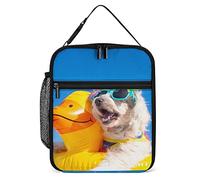 Lawenp Insulated Lunch Box Cute Dog Sunglasses Reusable Portable Lunch Bag with Side Pocket, Summer Beach Small Thermal Meal Cooler Bag Tote for Men Women Work