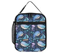 Lawenp Insulated Lunch Box Cute Whale Boat Reusable Portable Lunch Bag with Side Pocket, Watercolor Sea Animals Small Thermal Meal Cooler Bag Tote for Work Office
