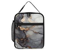 Lawenp Insulated Lunch Box Deluxe Black Marble Reusable Portable Lunch Bag with Side Pocket, Black Gold Ink Small Thermal Meal Cooler Bag Tote for Men Women Work