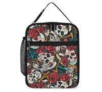 Lawenp Insulated Lunch Box Vintage Skull Rose Reusable Portable Lunch Bag with Side Pocket, Day of The Dead Small Thermal Meal Cooler Bag Tote for Men Women Work