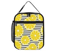 Lawenp Insulated Lunch Box Yellow Lemon Slices Lunch Cooler Bag Black White Stripes Reusable Thermal Meal Container Tote for Work Travel Picnic
