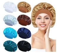 Lawie 8 Pack Colors Satin Lined Silky Sleeping Bonnets Shower Caps Curly Long Hair Protector Night Large Adjustable Wide Brim Band Sleep Hats Hair Wraps for Women Girls (Neutral Colors)
