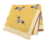 LAWKUL Baby Blanket Knitted 100% Cotton Soft Blankets for Newborn Boy Girls Sausage Dog Dachshund 100x80cm Mustard Yellow