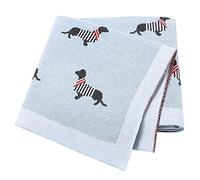 LAWKUL Baby Blanket Knitted 100% Cotton Soft Blankets for Newborn Boy Girls Toddler Sausage Dog Dachshund 100x80cm Sky Blue