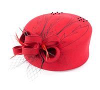 Lawliet Embroidered Women Veil Formal Cocktail Race Felt Wool Pill Box Hat A140 (Red)